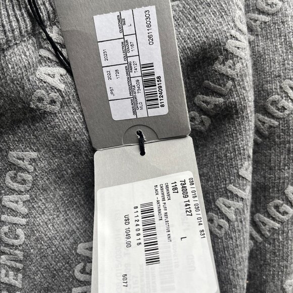 NWT Balenciaga Crewneck Pullover Sweater Heather Grey Cashmere Knit  Mini Logo - Picture 2 of 7